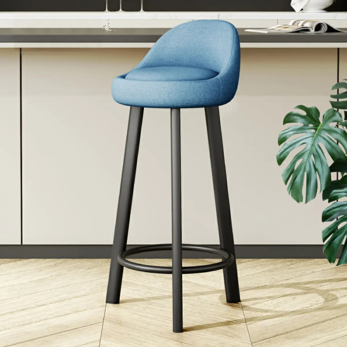 Orange Round Low-Back Velvet Bar Stool with Footrest Image - 50