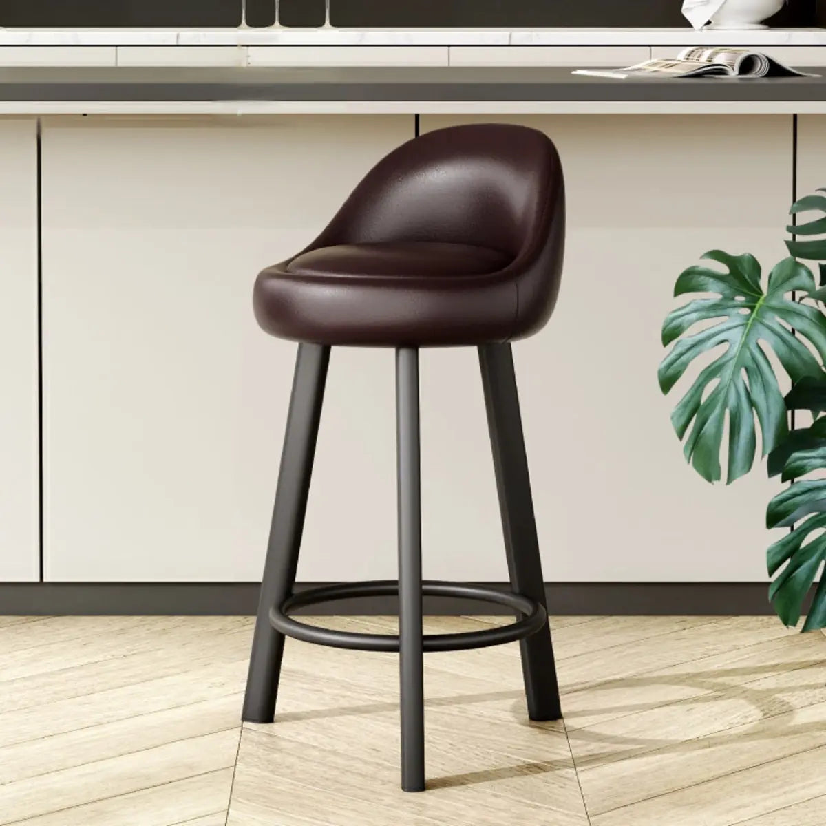 Orange Round Low-Back Velvet Bar Stool with Footrest Image - 8