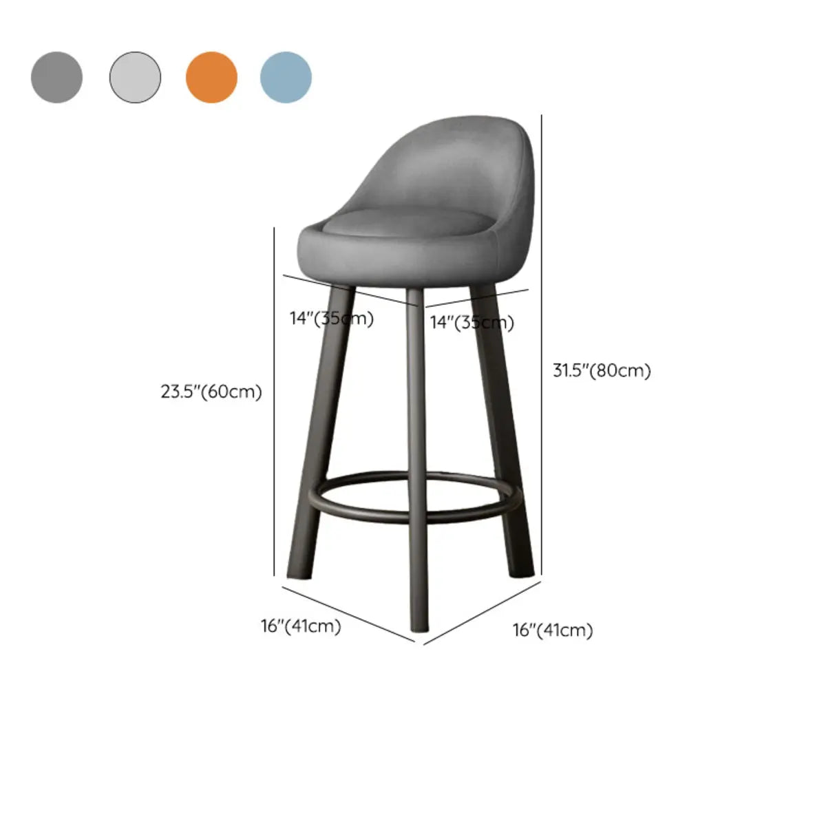 Orange Round Low-Back Velvet Bar Stool with Footrest Image - 55