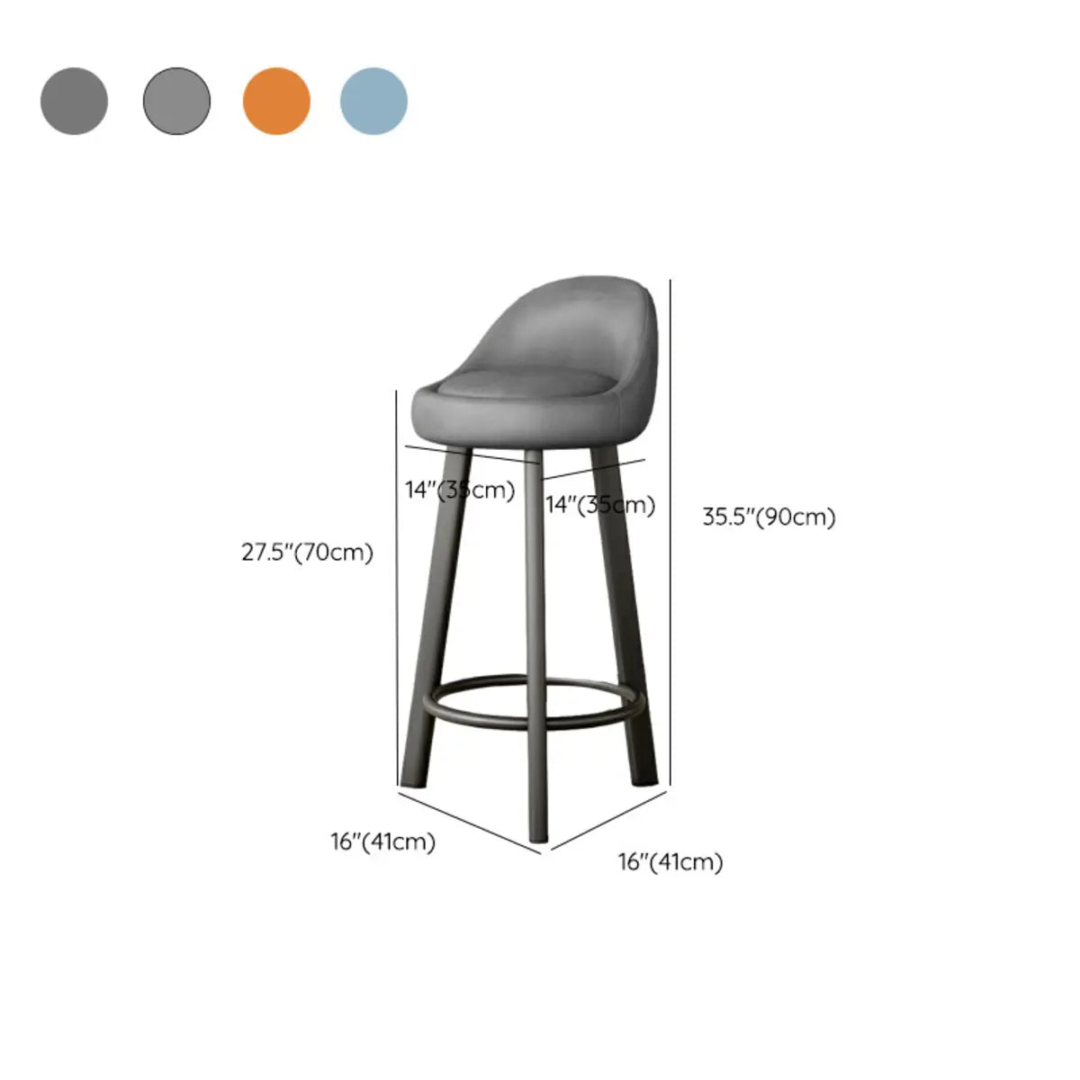 Orange Round Low-Back Velvet Bar Stool with Footrest Image - 56