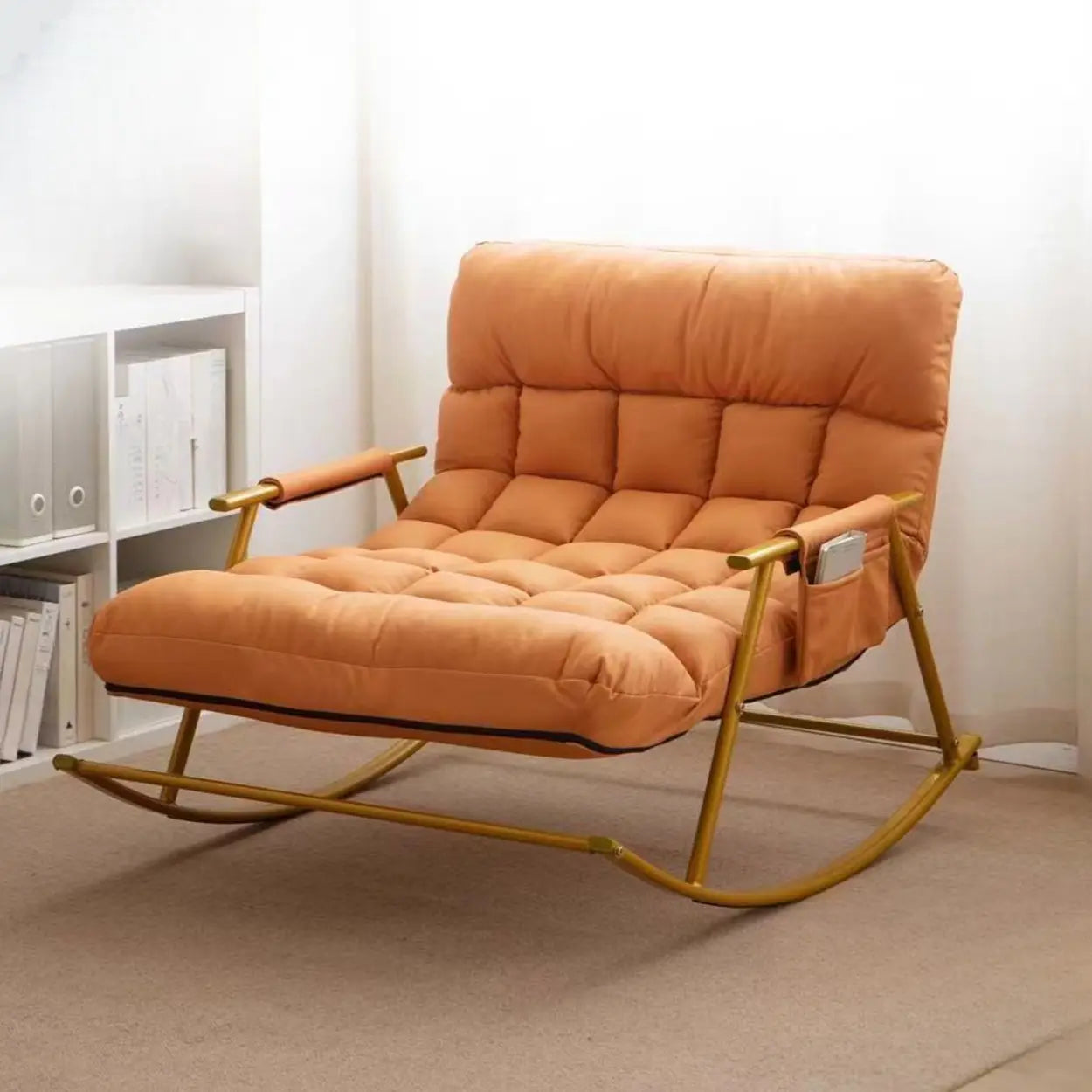 Orange Upholstered Metal Leg Rocking Chair with Pocket Image - 1