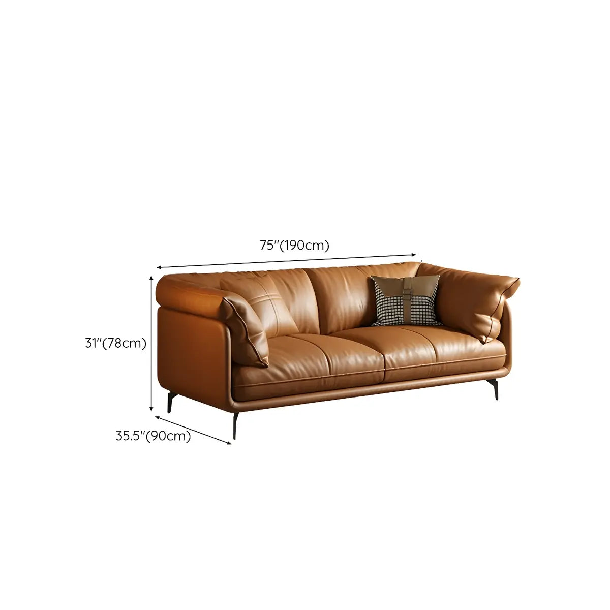 Orange Wood Frame Leather Sofa with Arms and Legs 