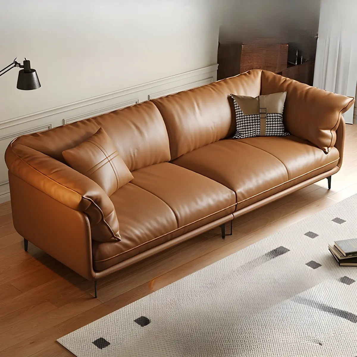 Orange Wood Frame Leather Sofa with Arms and Legs Image - 4