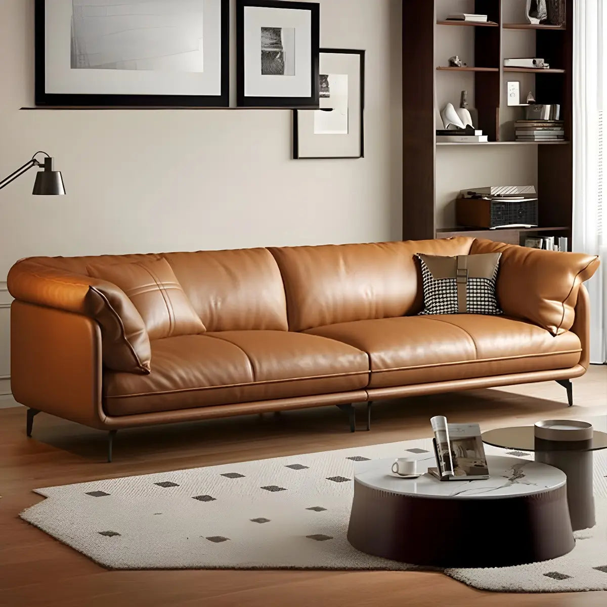 Orange Wood Frame Leather Sofa with Arms and Legs Image - 6