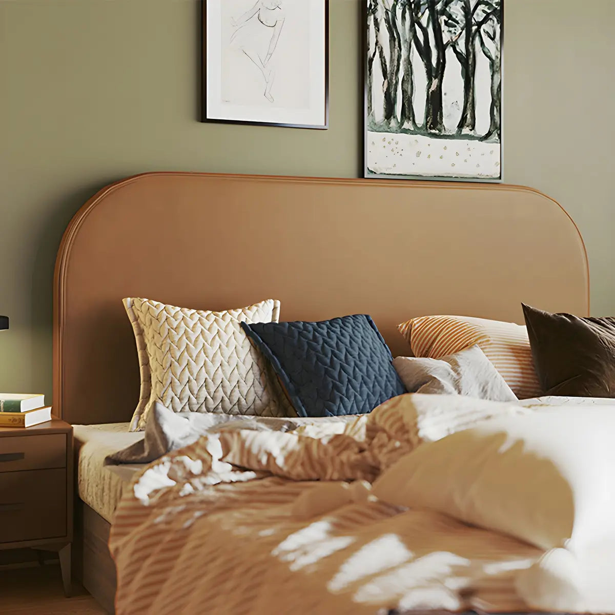 Orange Wooden Frame Upholstered Headboard with Legs Image - 3