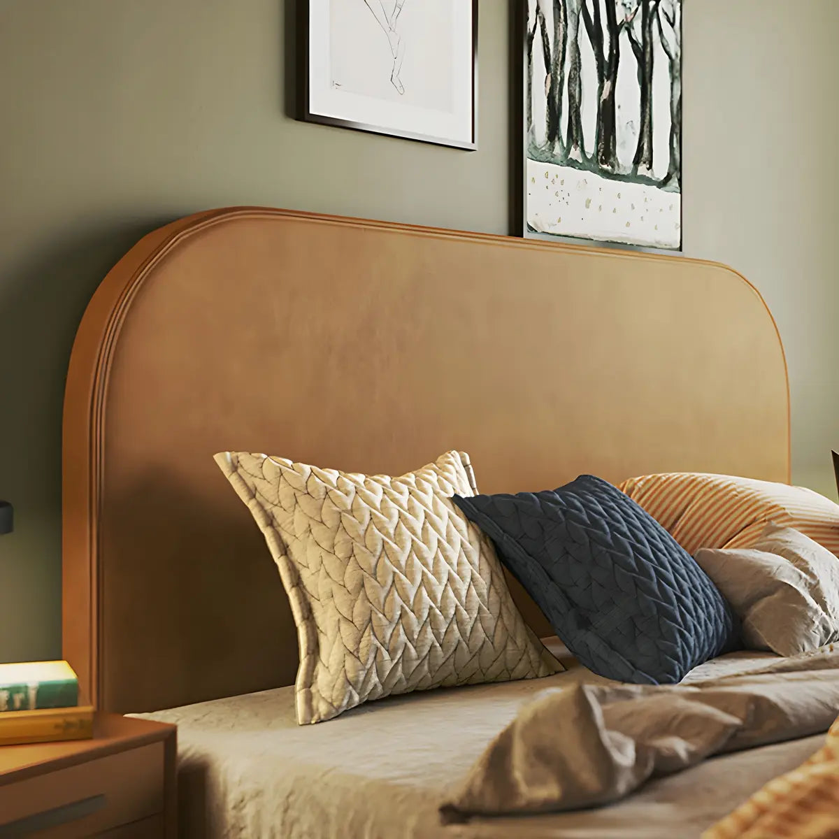 Orange Wooden Frame Upholstered Headboard with Legs Image - 4