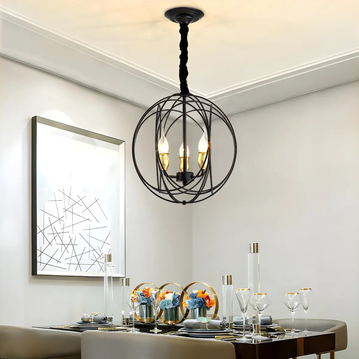 Orb Black Iron Candle Adjustable Height Foyer Chandelier Image - 3