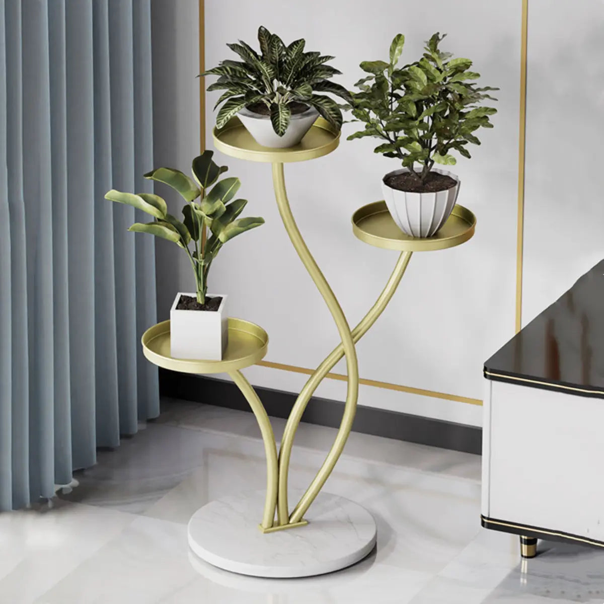 Orbicular 3-Tier Stone Floor Pedestal Plant Stand Gold Image - 1