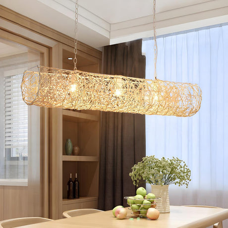 Organic Dining Rooml Woven Rattan Cylinder Chandelier Image - 1