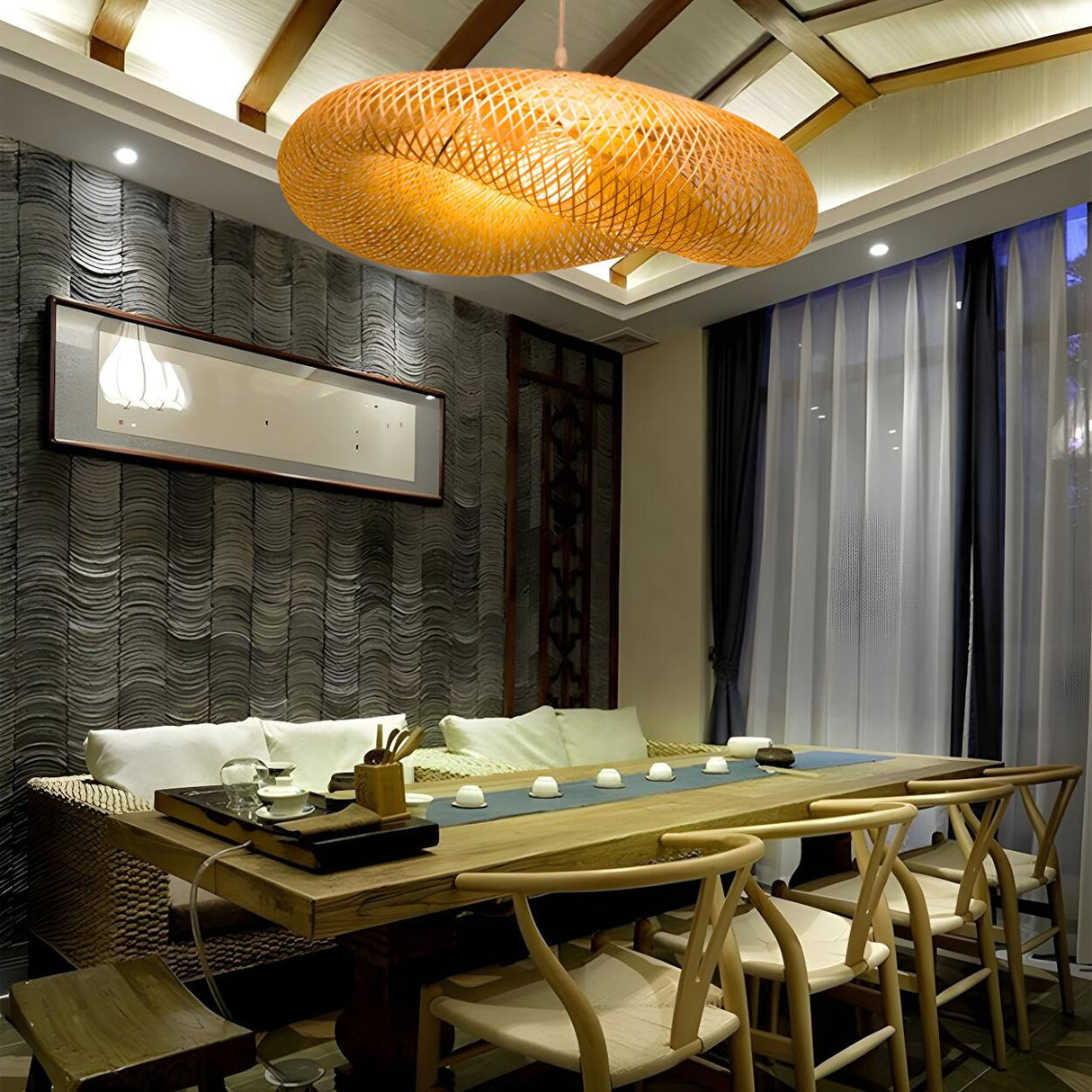 Organic Woven Curved Rattan Dining Room Pendant Light Image - 14