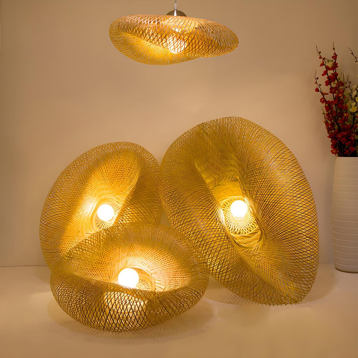 Organic Woven Curved Rattan Dining Room Pendant Light Image - 16