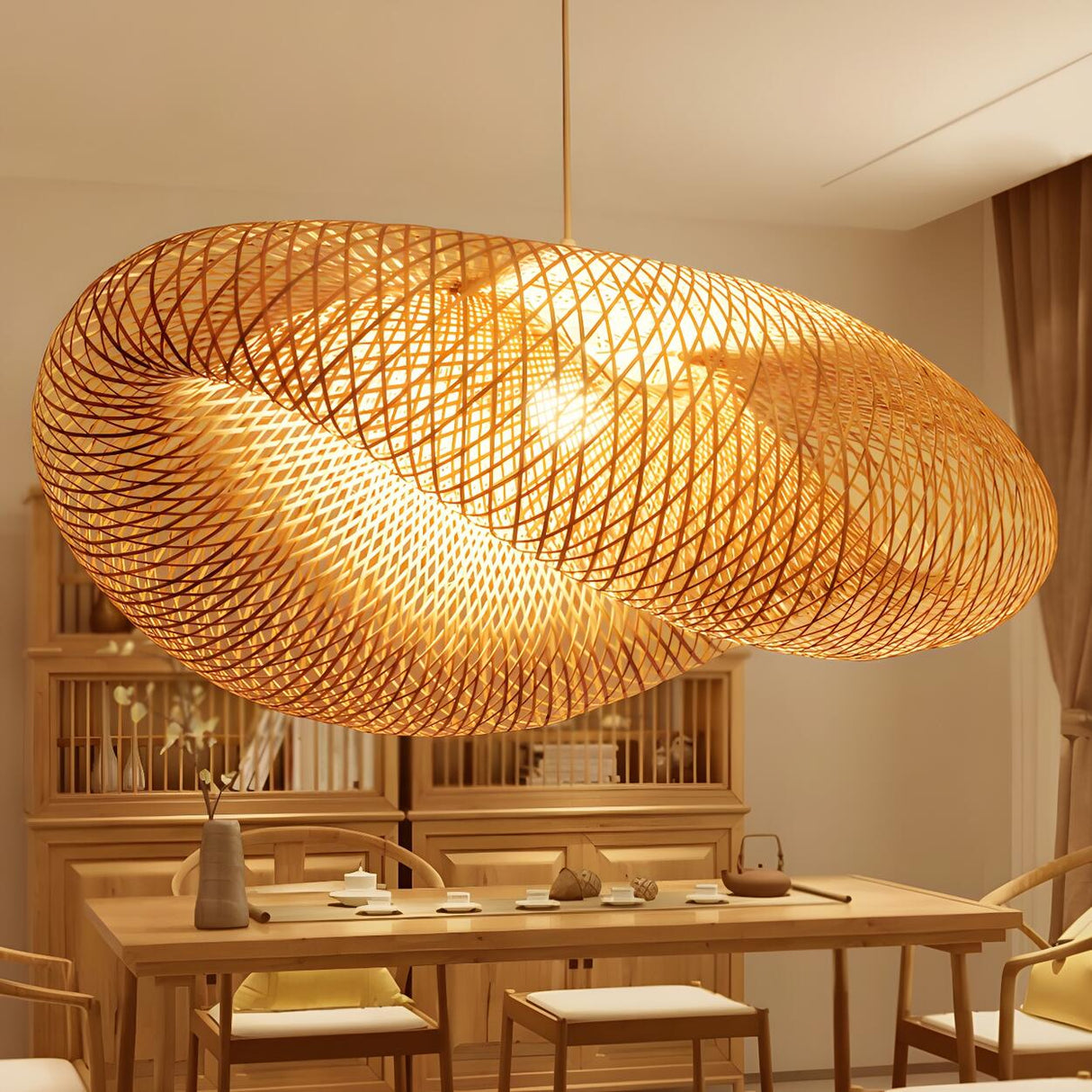 Organic Woven Curved Rattan Dining Room Pendant Light Image - 2