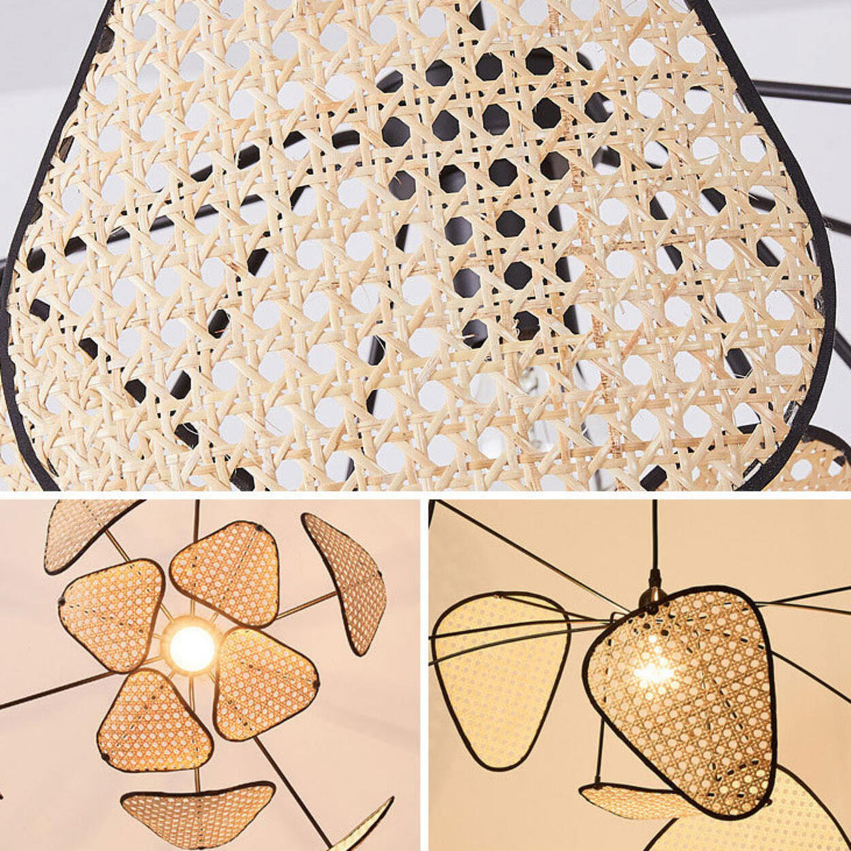 Oriental Artistic Wood Rattan Metal Petal Pendant Light  Image - 10