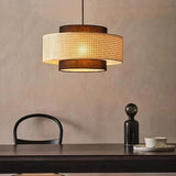 Oriental Black Fabric Cylinder Dining Room Pendant Light Image - 4