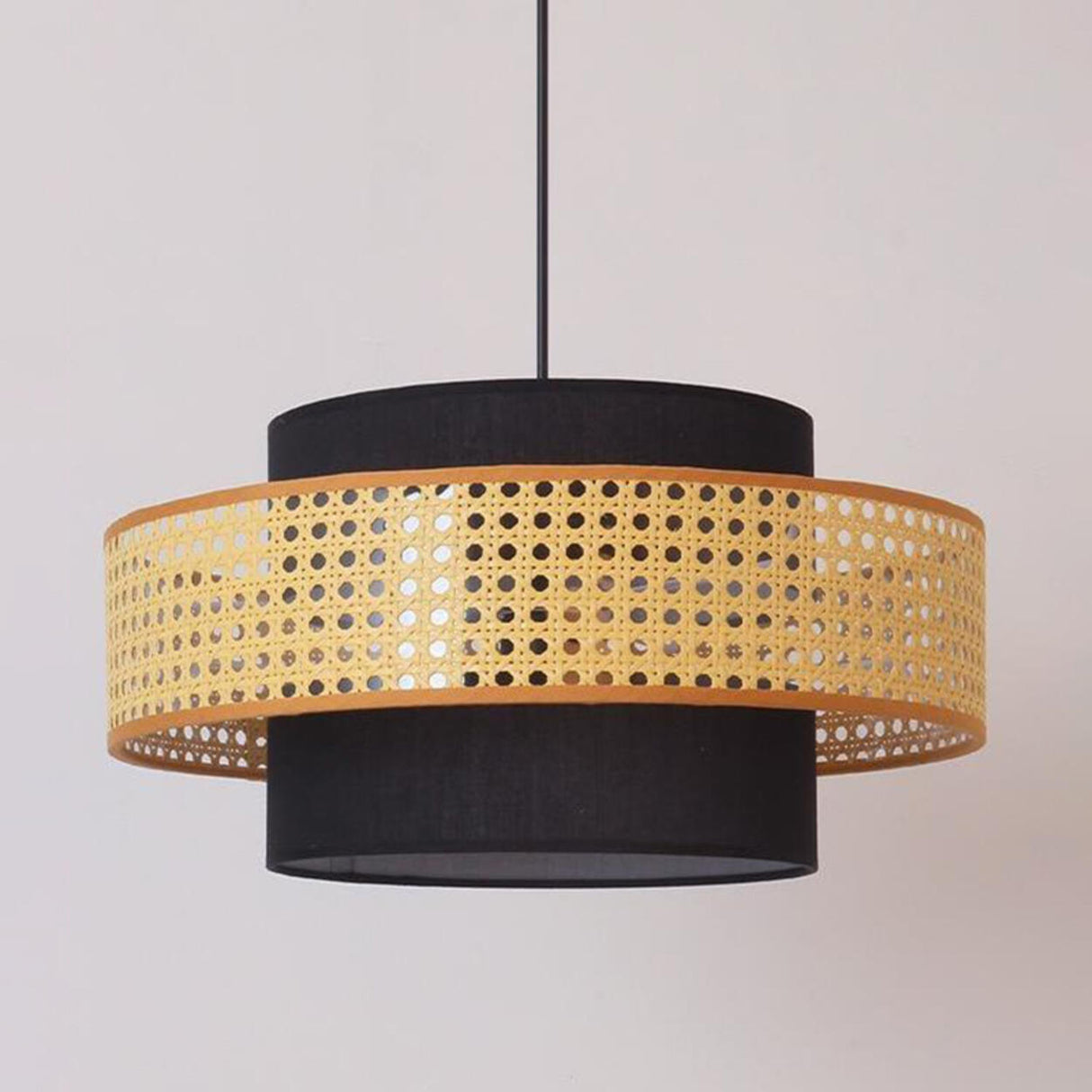 Oriental Black Fabric Cylinder Dining Room Pendant Light Image - 8