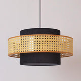 Oriental Black Fabric Cylinder Dining Room Pendant Light Image - 8