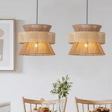 Oriental Brown Double Drum Rattan Pendant Lights Image - 1