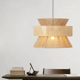 Oriental Brown Double Drum Rattan Pendant Lights Image - 11