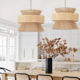 Oriental Brown Double Drum Rattan Pendant Lights Image - 3