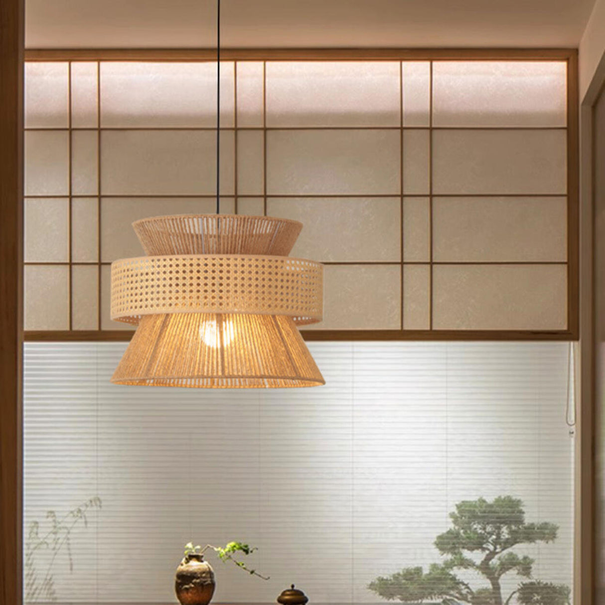 Oriental Brown Double Drum Rattan Pendant Lights Image - 5