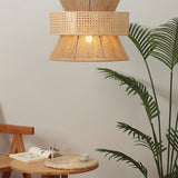 Oriental Brown Double Drum Rattan Pendant Lights Image - 7