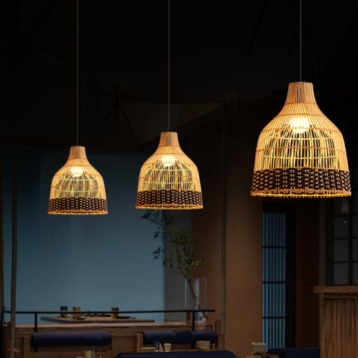 Oriental Cane Brown Tier Dining Room Pendant Light Image - 8