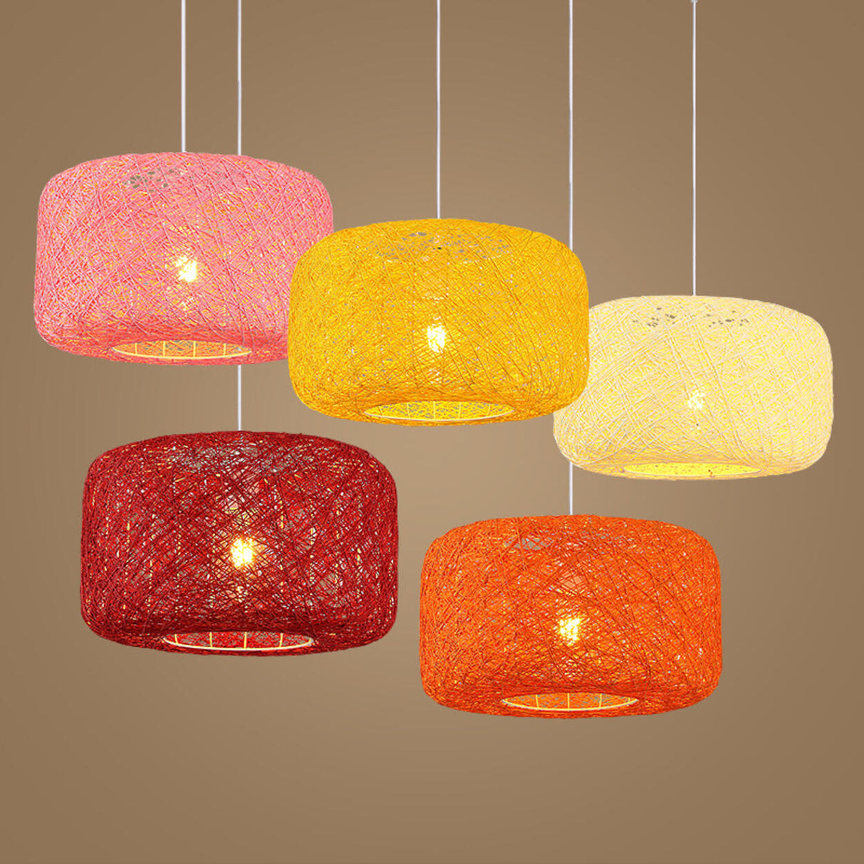 Oriental Colorful Rattan Drum Dining Room Pendant Light Image - 16