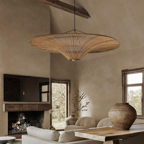 Oriental Cone Khaki Rattan Pendant Light Adjustable Cord Image - 1