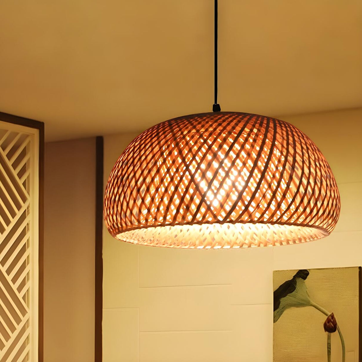 Oriental Dome Handwoven Rattan Beige Pendant Light Image - 1