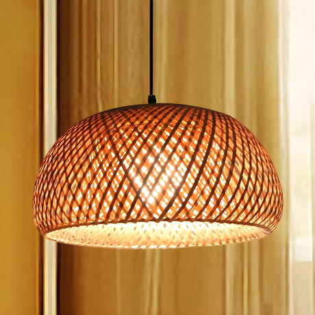 Oriental Dome Handwoven Rattan Beige Pendant Light Image - 2