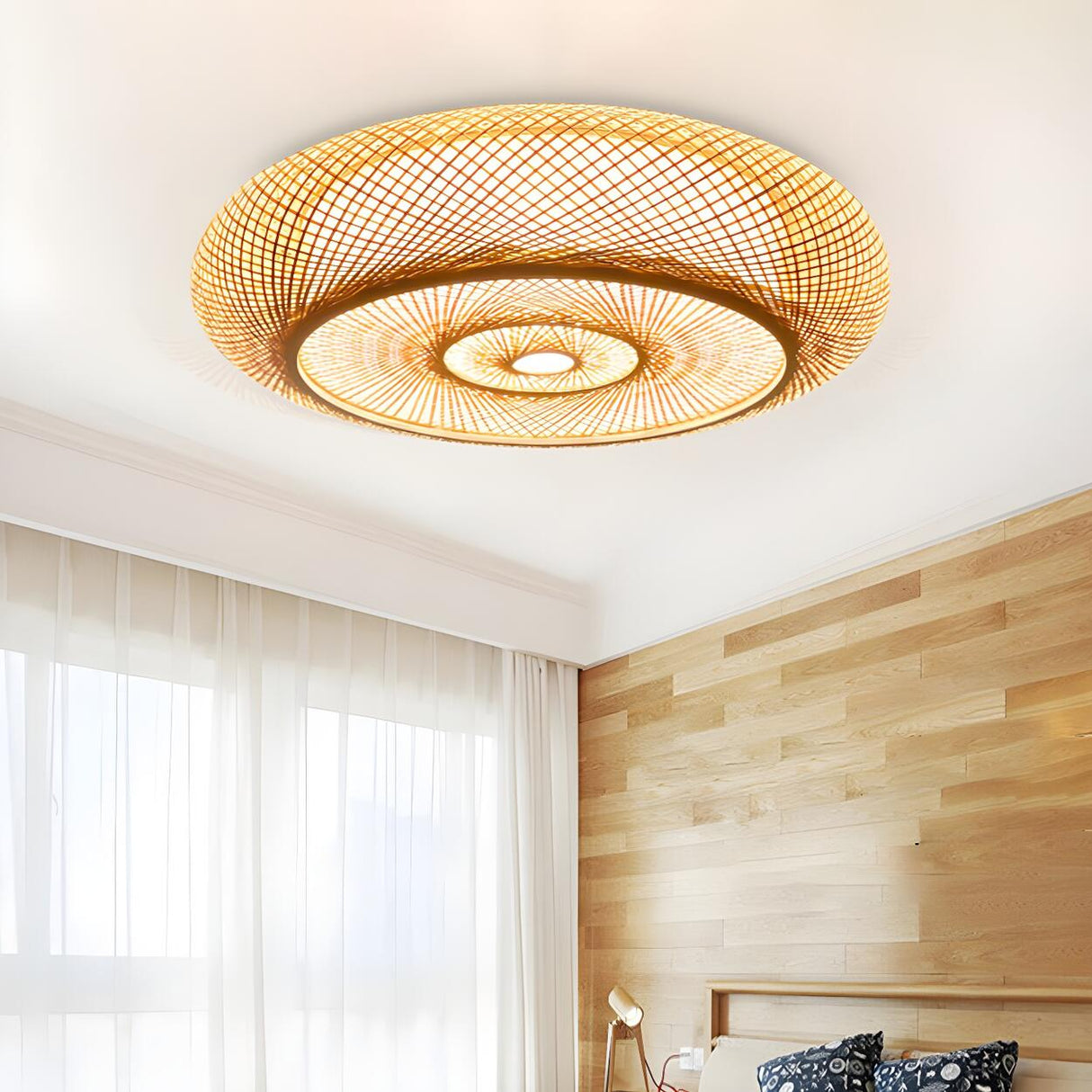 Oriental Donut Flaxen Rattan Flush Mount Ceiling Light Image - 1