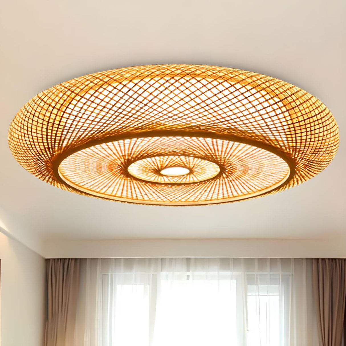 Oriental Donut Flaxen Rattan Flush Mount Ceiling Light Image - 2