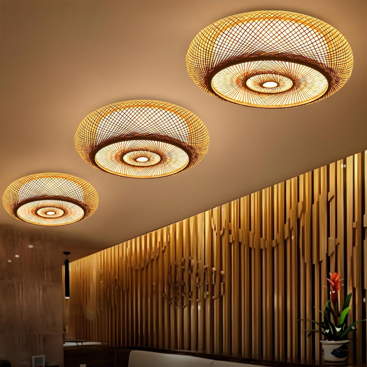 Oriental Donut Flaxen Rattan Flush Mount Ceiling Light Image - 3