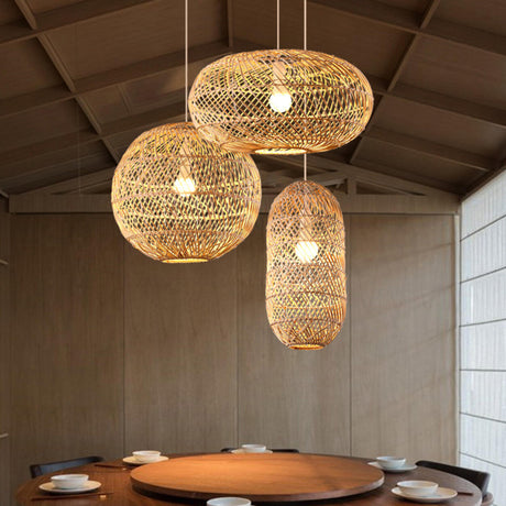 Oriental Eco Chic Woven Rattan Drum Pendant Light Image - 1