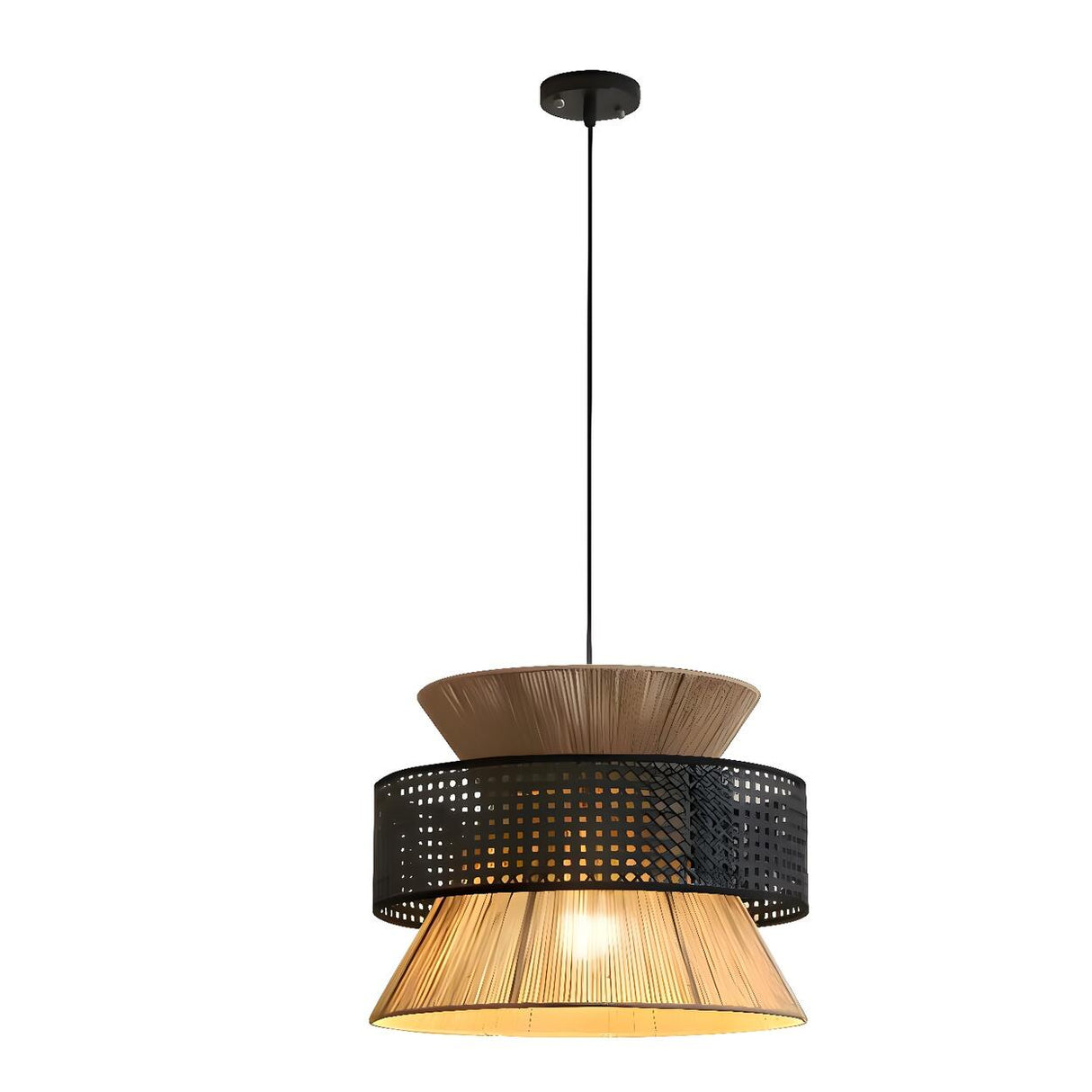 Oriental Geometric Woven Rattan Pendant Light Image - 2