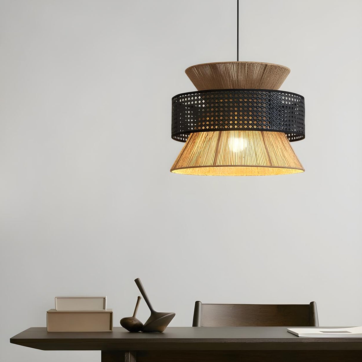 Oriental Geometric Woven Rattan Pendant Light Image - 4