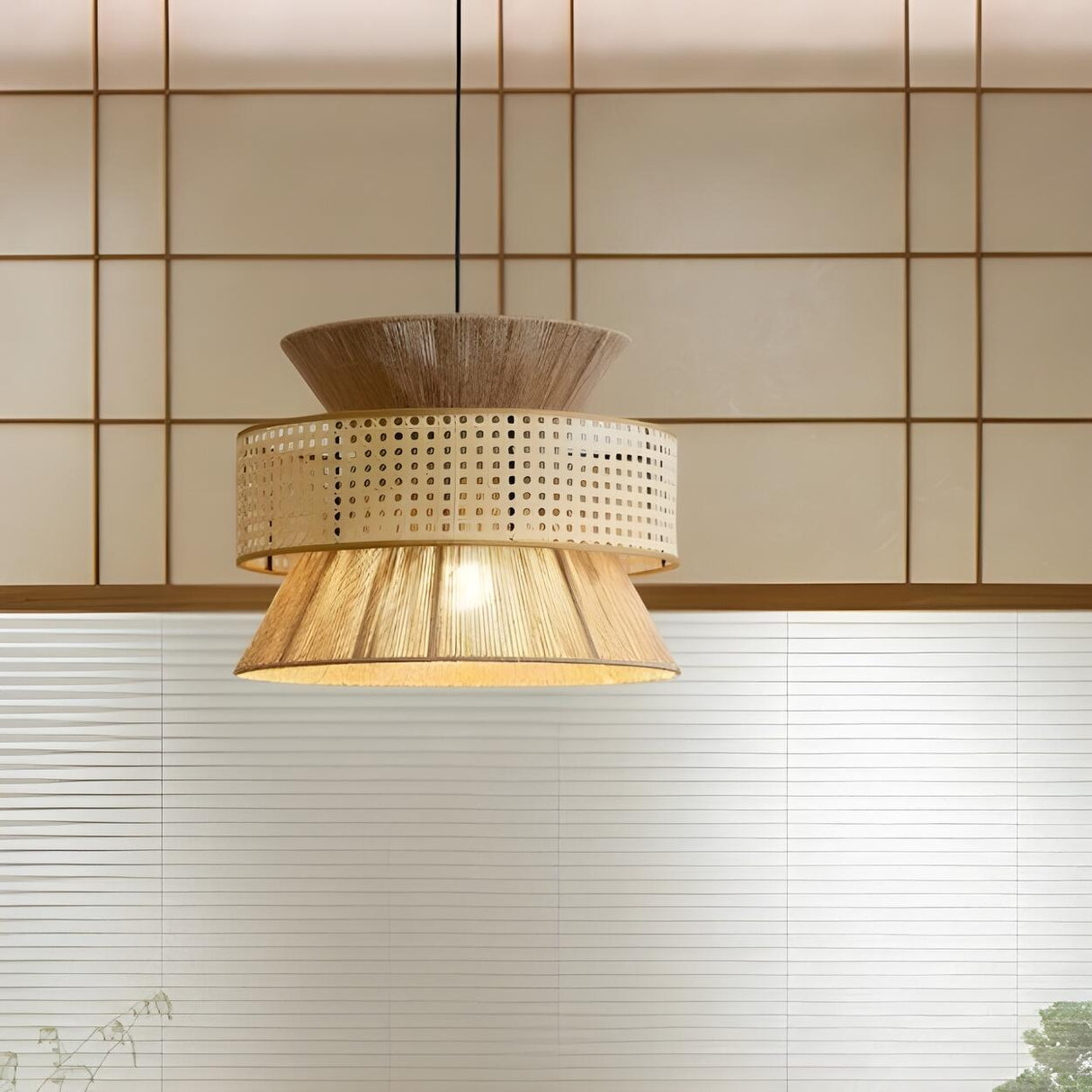 Oriental Geometric Woven Rattan Pendant Light Image - 7