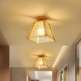 Oriental Hallway Wood Trapezoid Semi-Flush Mount Light Image - 2