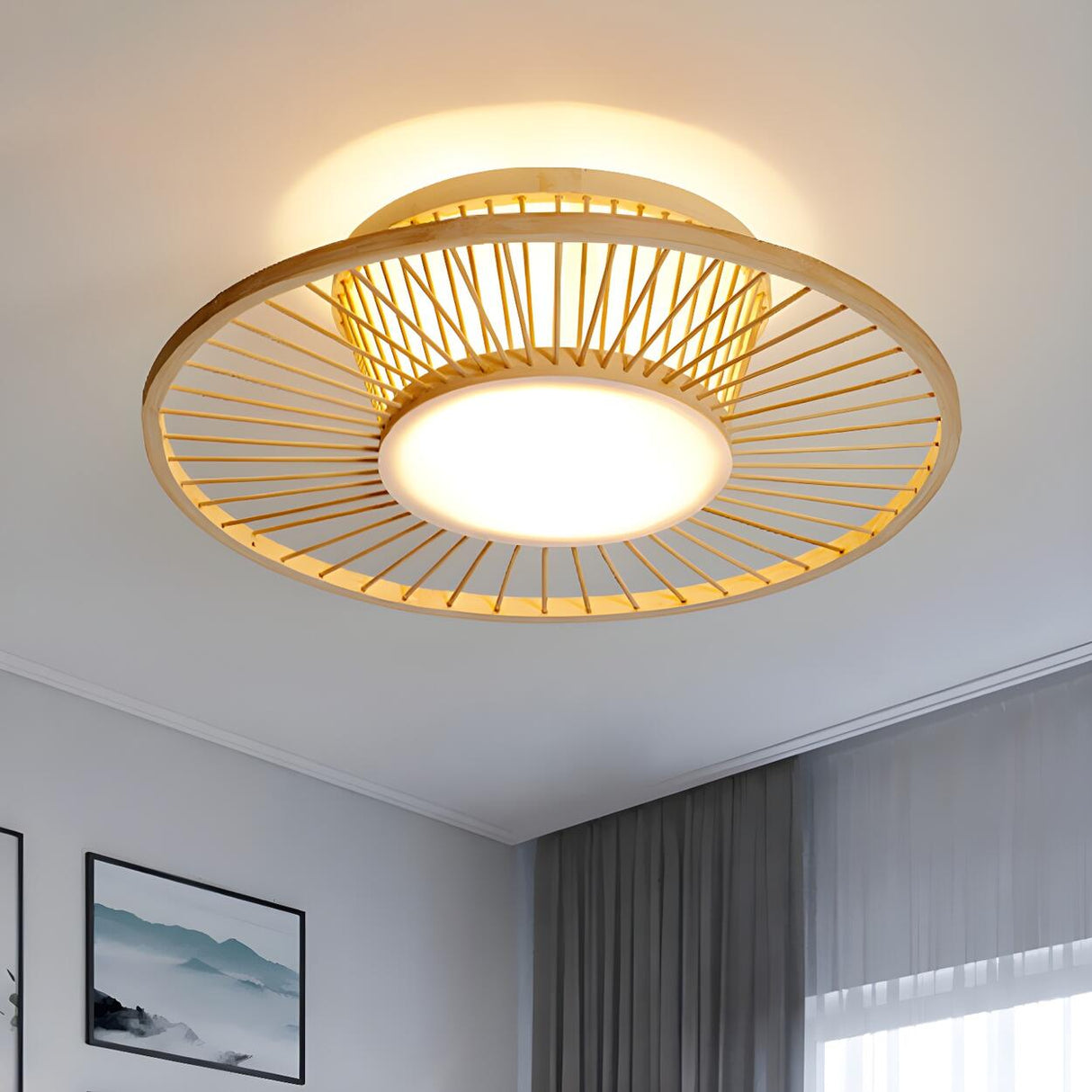 Oriental Mini Bamboo Circular Flush Mount Ceiling Light Image - 2