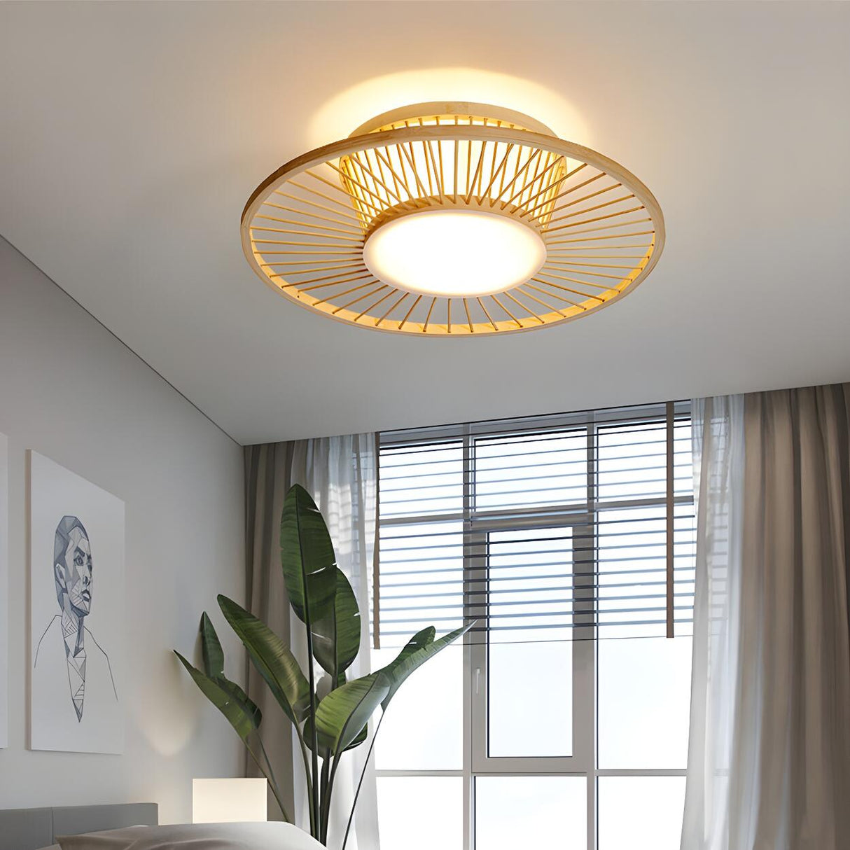 Oriental Mini Bamboo Circular Flush Mount Ceiling Light Image - 3