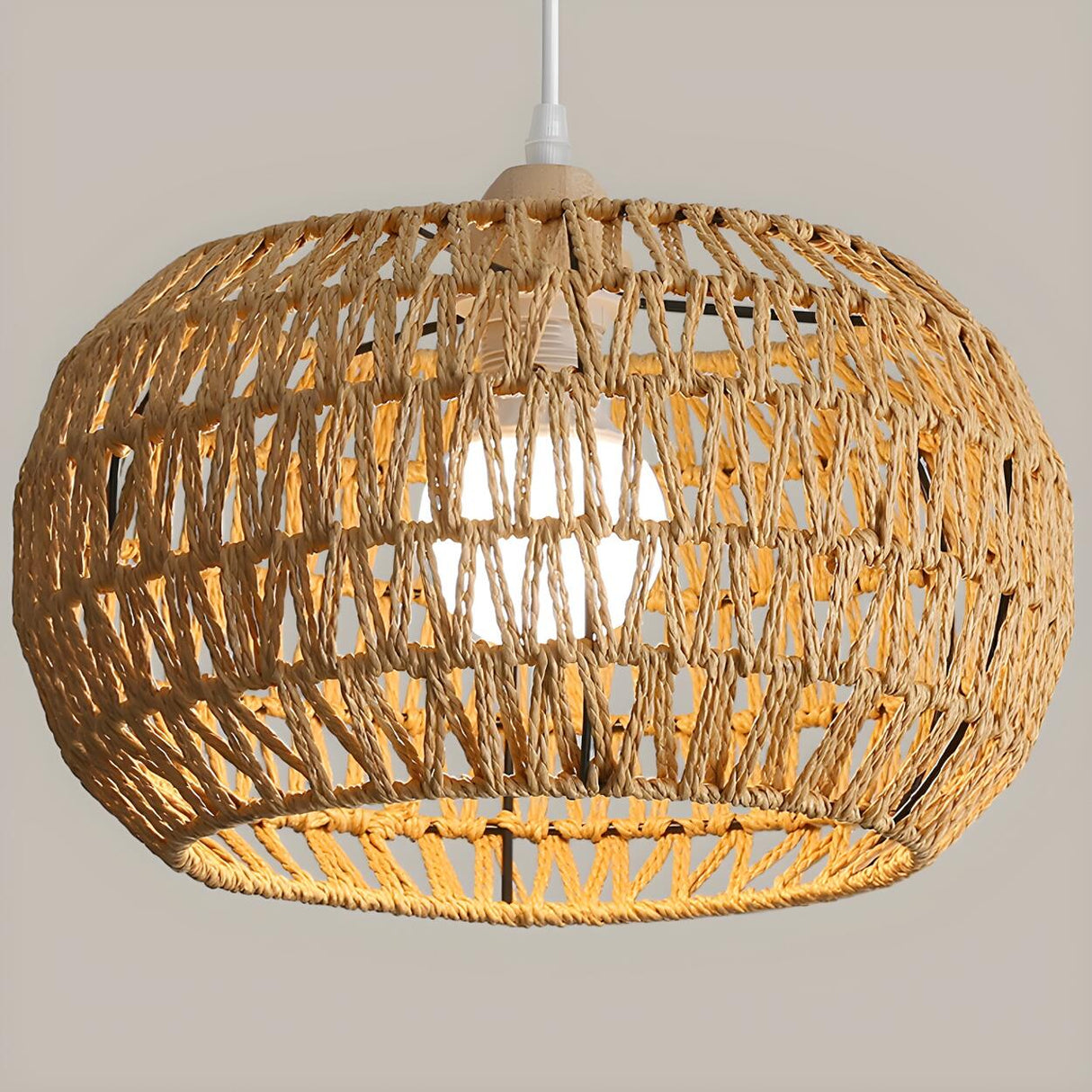 Oriental Natural Brown Rattan Woven Drum Pendant Light Image - 10