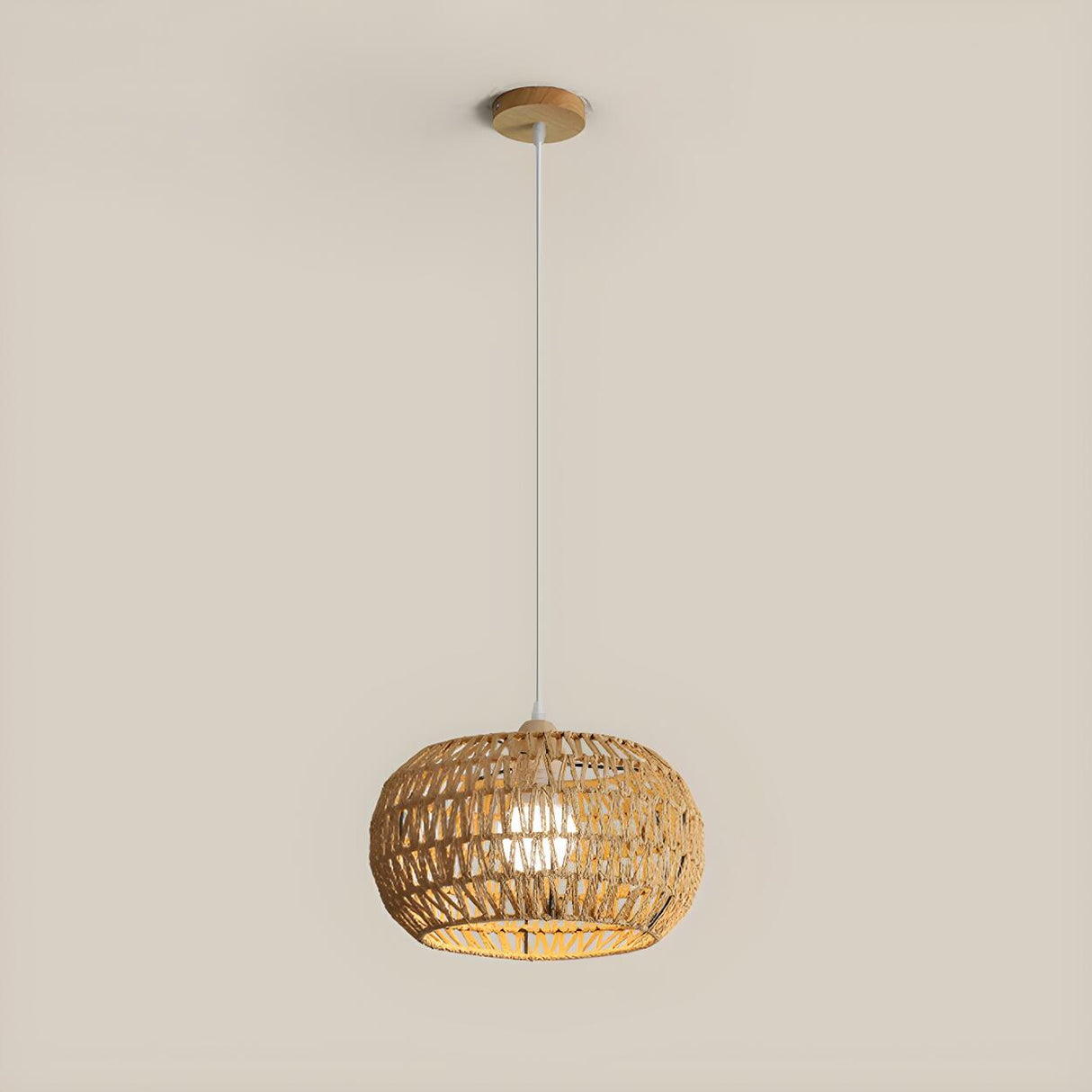 Oriental Natural Brown Rattan Woven Drum Pendant Light Image - 2