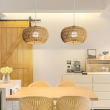 Oriental Natural Brown Rattan Woven Drum Pendant Light Image - 3