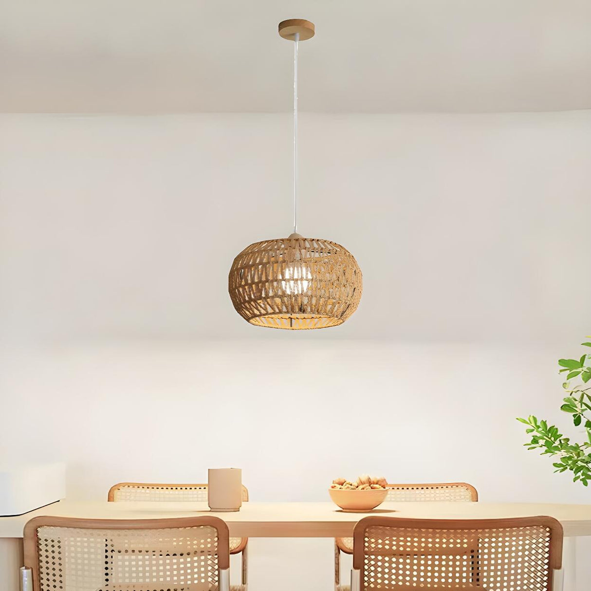 Oriental Natural Brown Rattan Woven Drum Pendant Light Image - 4