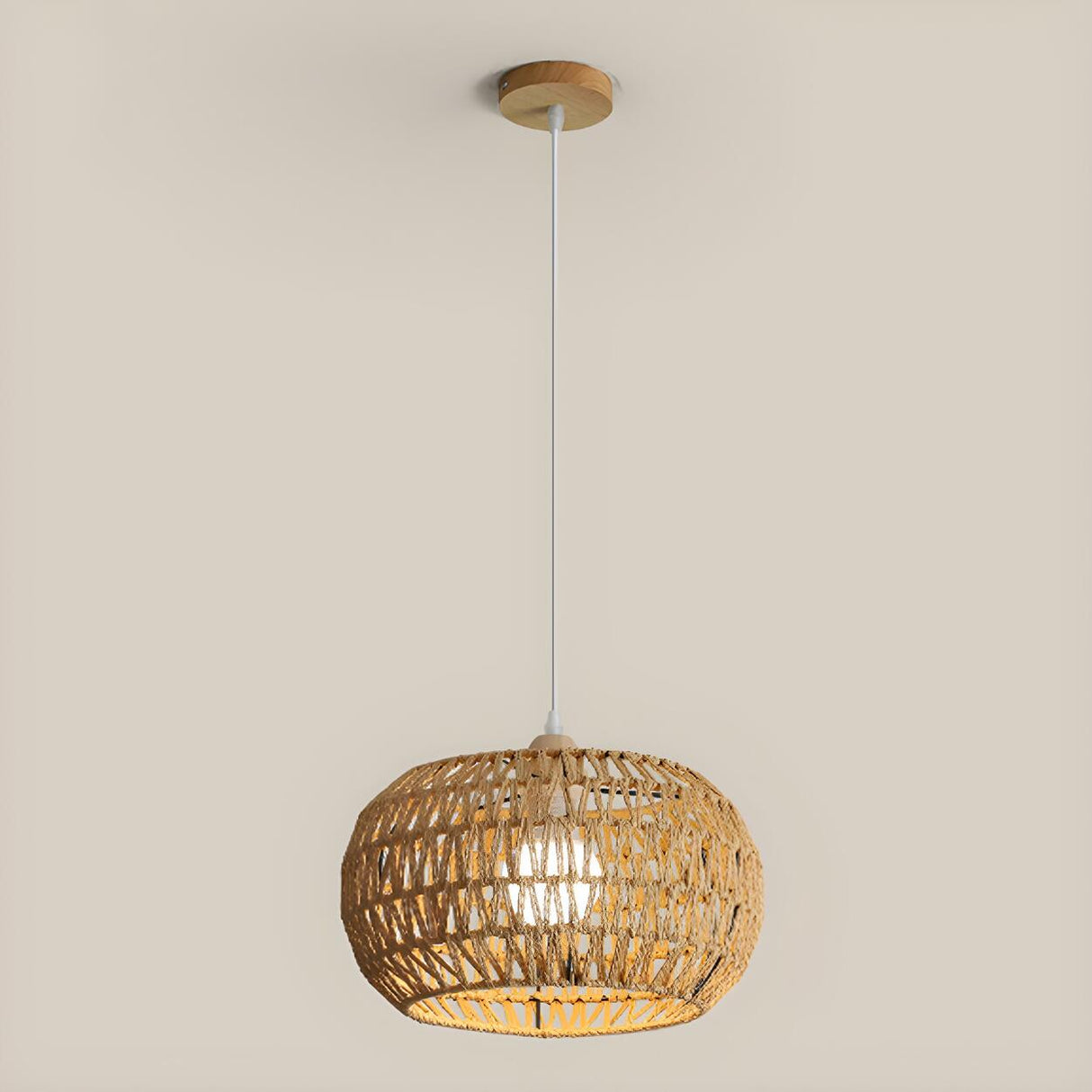 Oriental Natural Brown Rattan Woven Drum Pendant Light Image - 5