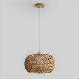 Oriental Natural Brown Rattan Woven Drum Pendant Light Image - 7