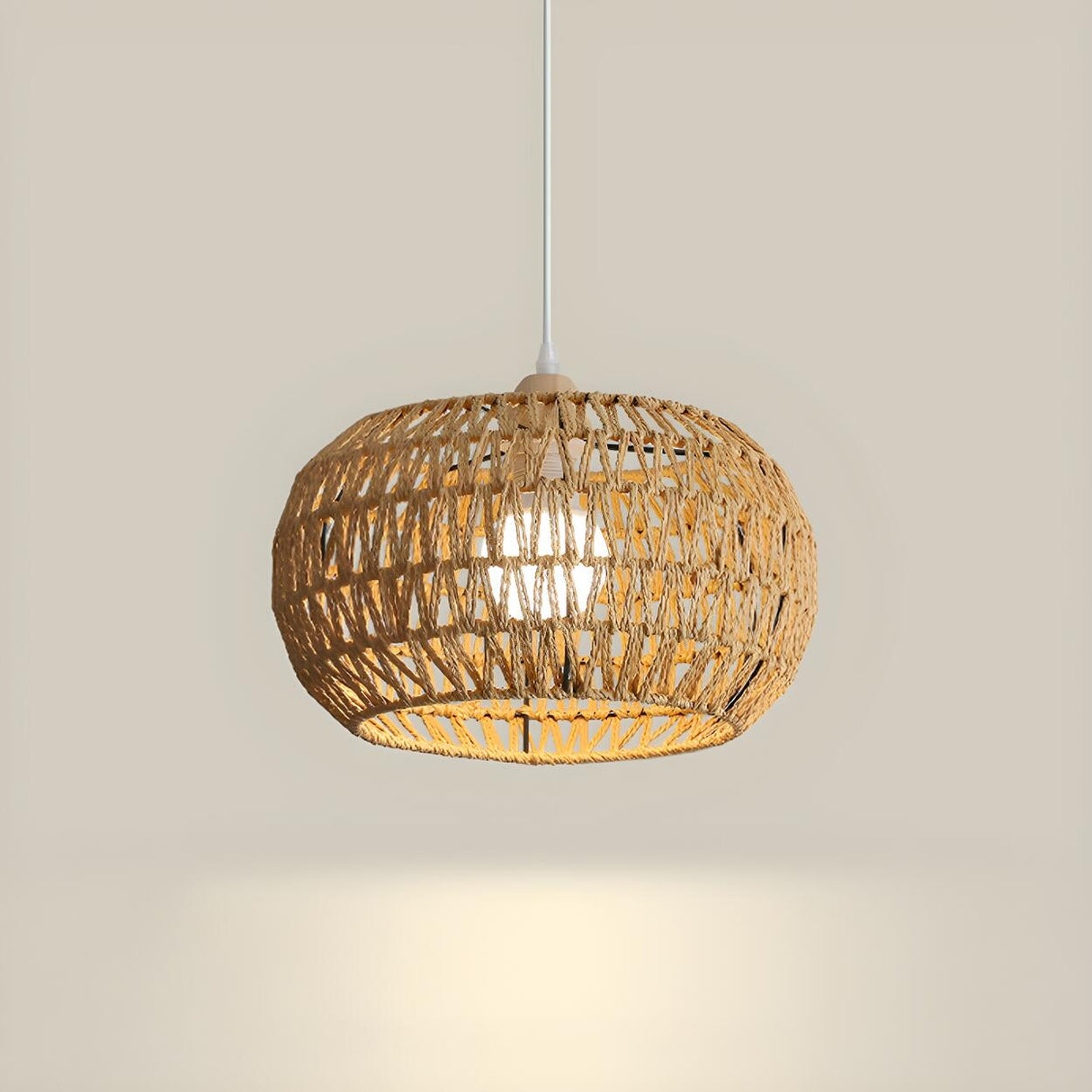 Oriental Natural Brown Rattan Woven Drum Pendant Light Image - 8