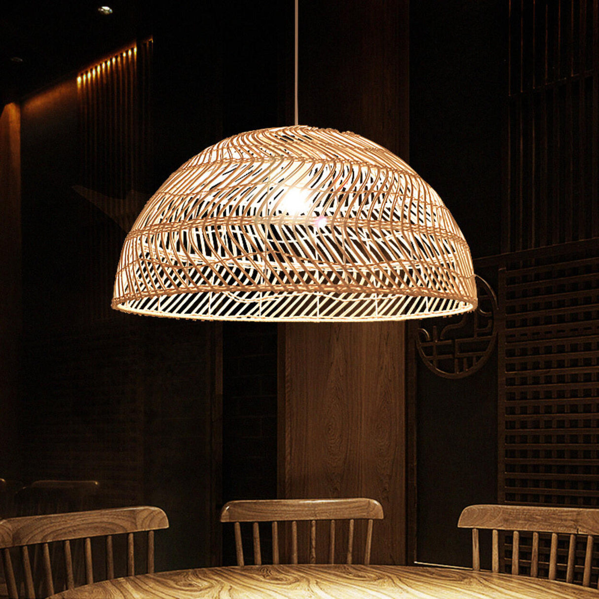 Oriental Natural Weave Rattan Dome Dining Room Pendant Light Image - 1