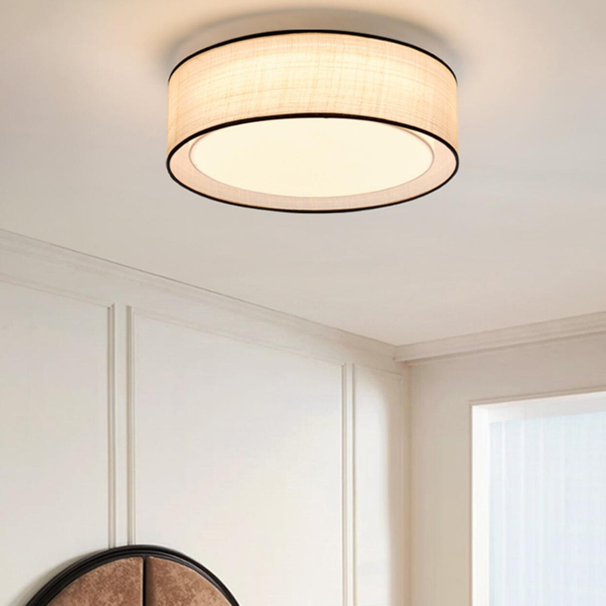 Oriental Rattan Round Drum Flush Mount Light Bedroom Image - 7