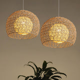 Oriental Rattan Wood Round Drum LED Pendant Light  Image - 4